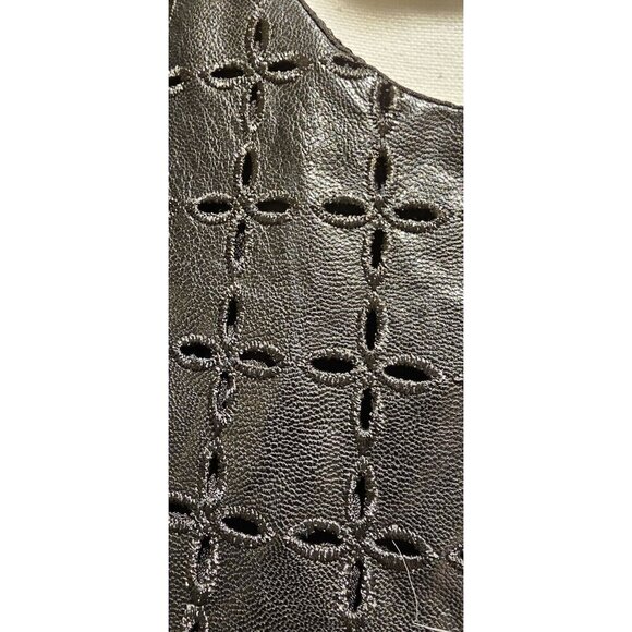 English Factory Black Faux Leather Peplum Top W/ Puff Sleeves & Eyelet Detail - Picture 5 of 9